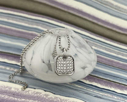 Moissanite Pavé Square Pendant Necklace: Rhodium Sterling Silver Dog Tag