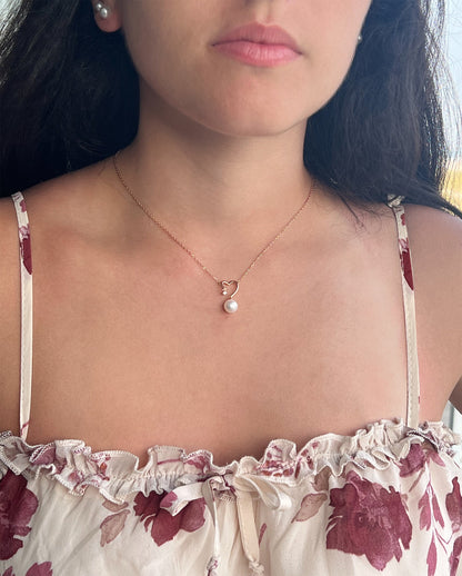 Moissanite & Pearl Heart Pendant Necklace: 14K Rose Gold Sterling Silver