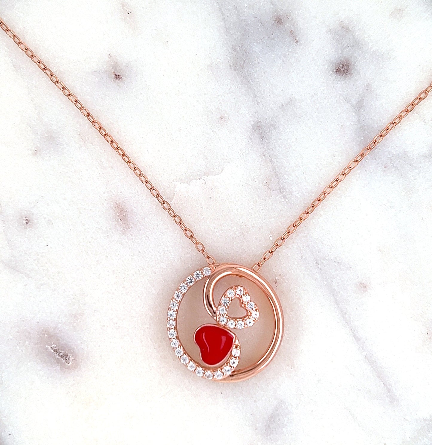 Rose Gold Sterling Silver Heart Necklace: Red Enamel CZ Pendant