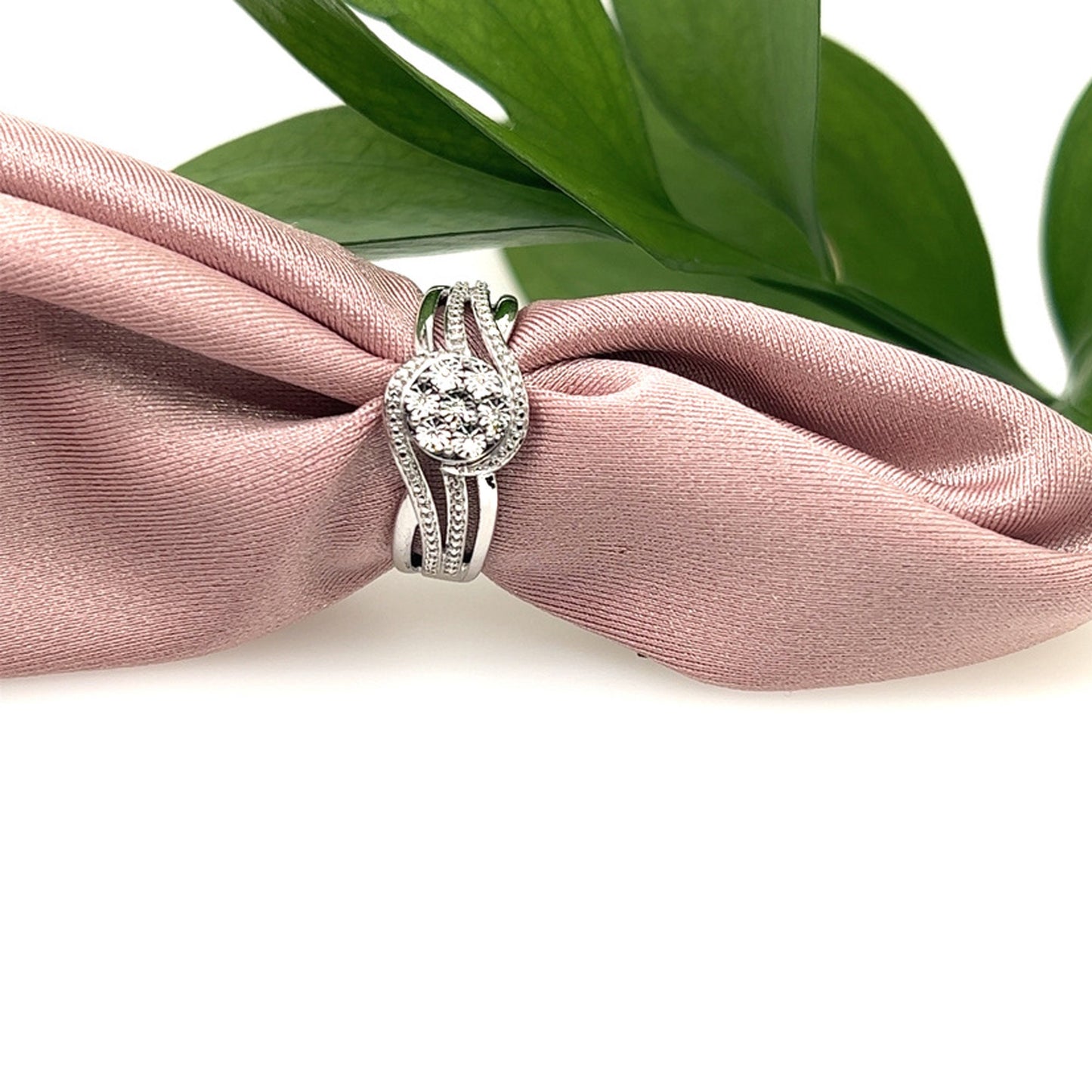 Diamond Cluster Cocktail Ring: Sterling Silver Flower, Twisted Band (Size 7)
