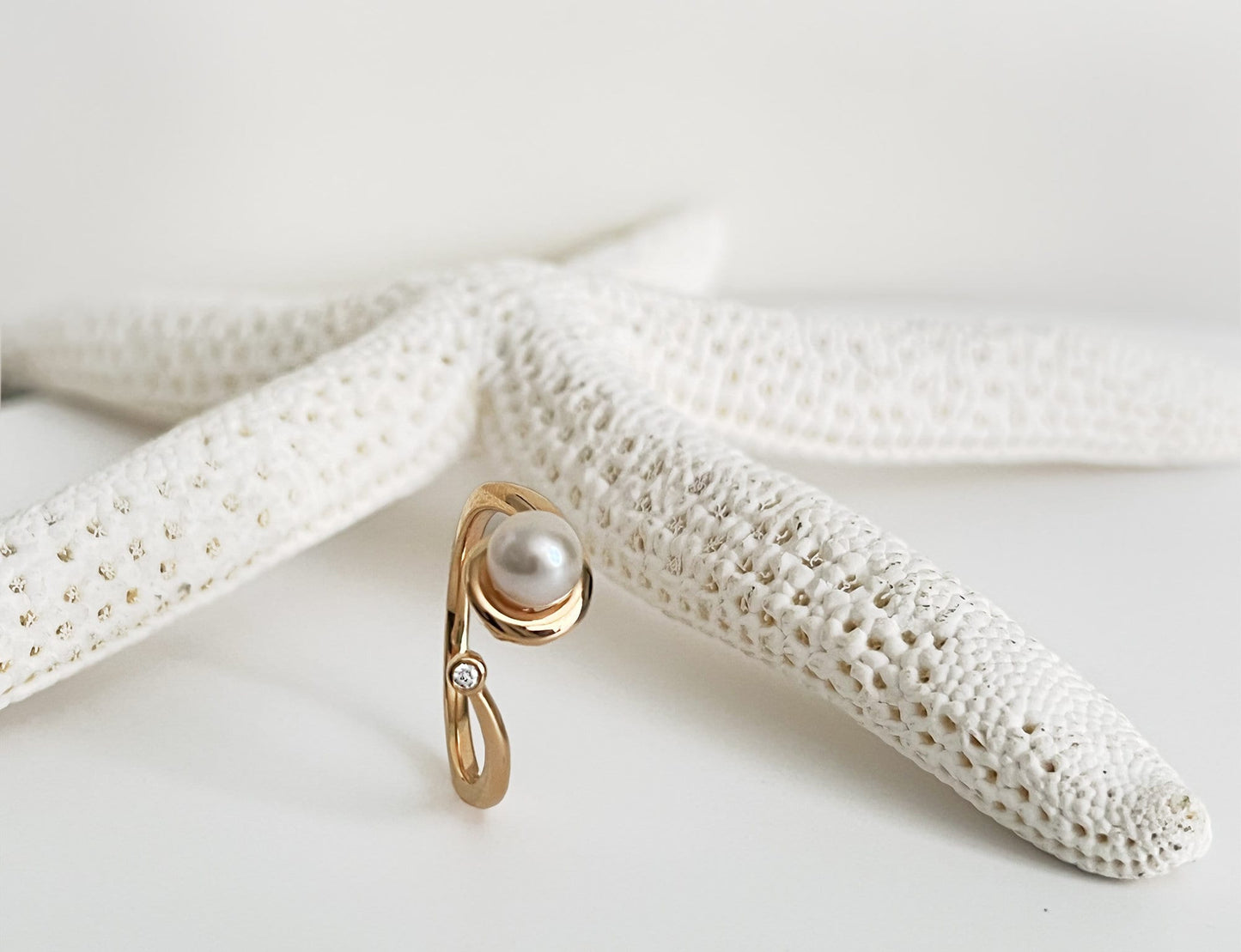 Freshwater Pearl Moissanite Bypass Ring, 14K Gold Plated Sterling Silver