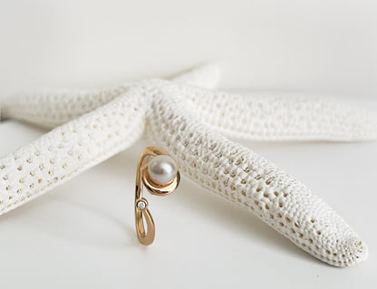 Freshwater Pearl Moissanite Bypass Ring, 14K Gold Plated Sterling Silver