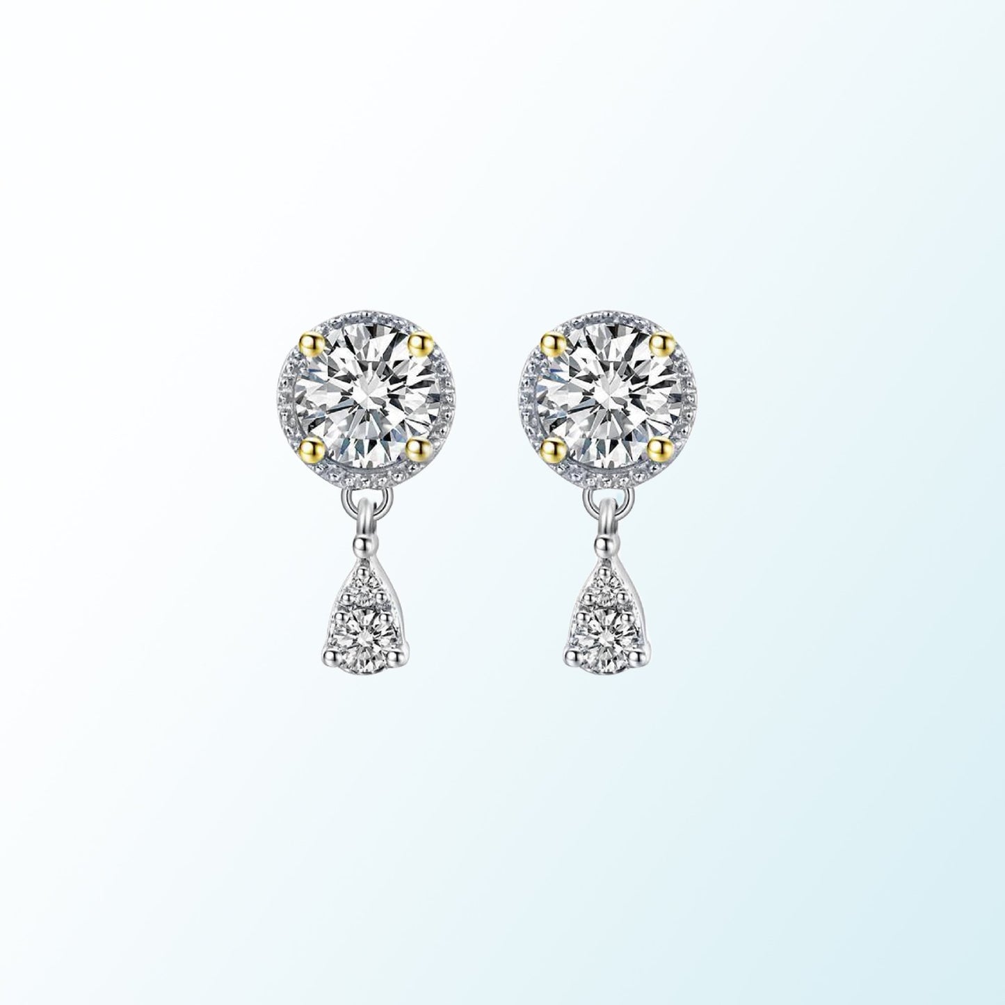 Moissanite Halo Dangle Earrings: Two-Tone Sterling Silver Studs