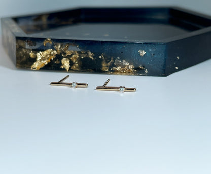 14K Yellow Gold Diamond Bar Earrings: Minimalist Studs