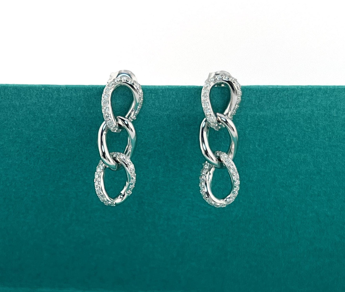Moissanite Chain Link Earrings: Rhodium Plated Sterling Silver Dangle