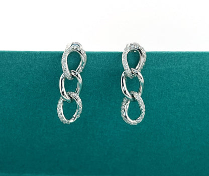 Moissanite Chain Link Earrings: Rhodium Plated Sterling Silver Dangle