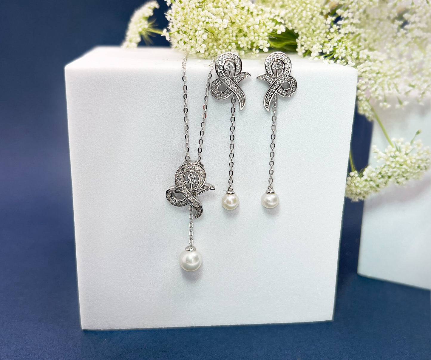 Moissanite Bow Necklace: Sterling Silver Pearl Dangle Bridal Pendant