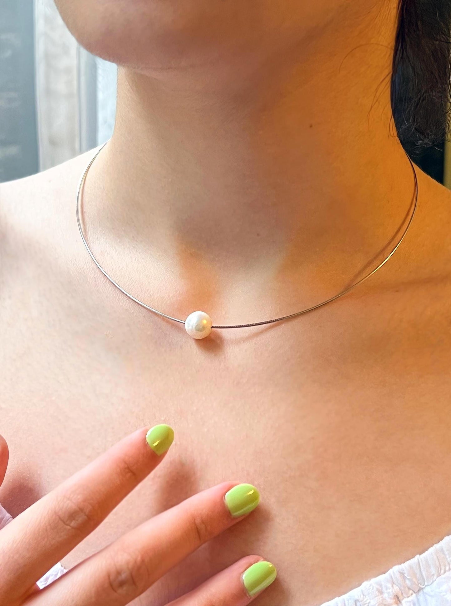 Floating Pearl Necklace: Rhodium Plated Sterling Silver Wire, Minimalist Jewelry