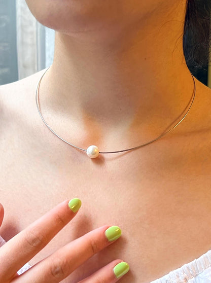 Floating Pearl Necklace: Rhodium Plated Sterling Silver Wire, Minimalist Jewelry