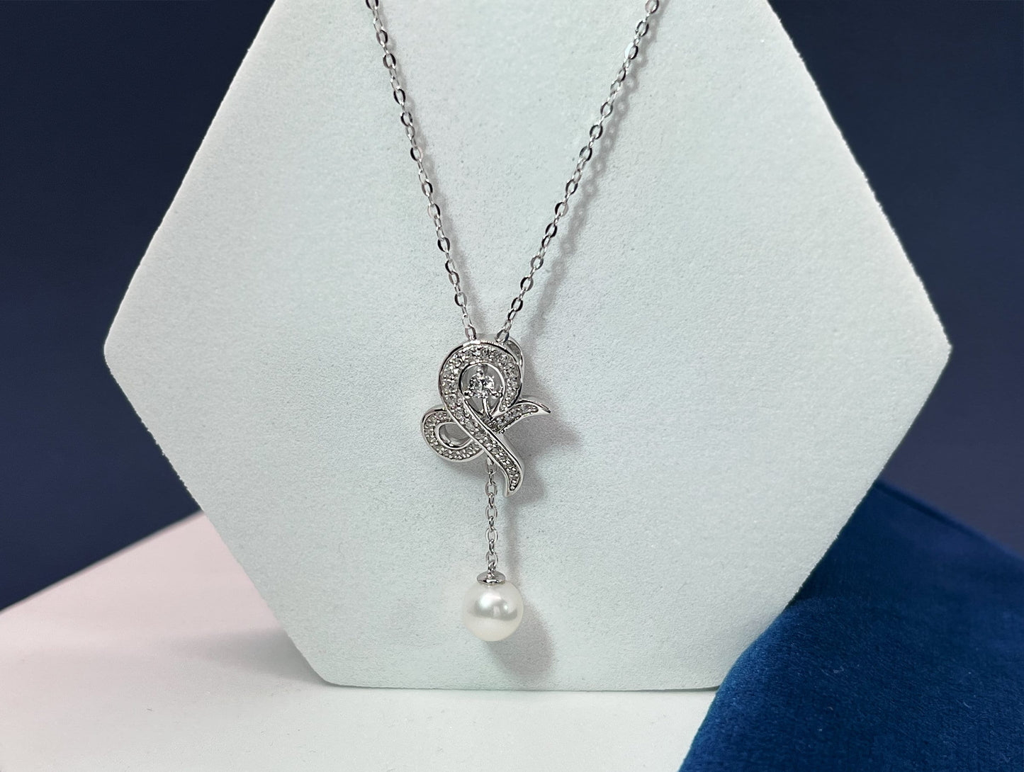 Moissanite Bow Necklace: Sterling Silver Pearl Dangle Bridal Pendant