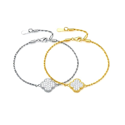 Moissanite Four Leaf Clover Bracelet, 18K Gold-Plated or Rhodium Plated Sterling Silver Lucky Charm, Adjustable Pavé Bracelet, Gift for Her
