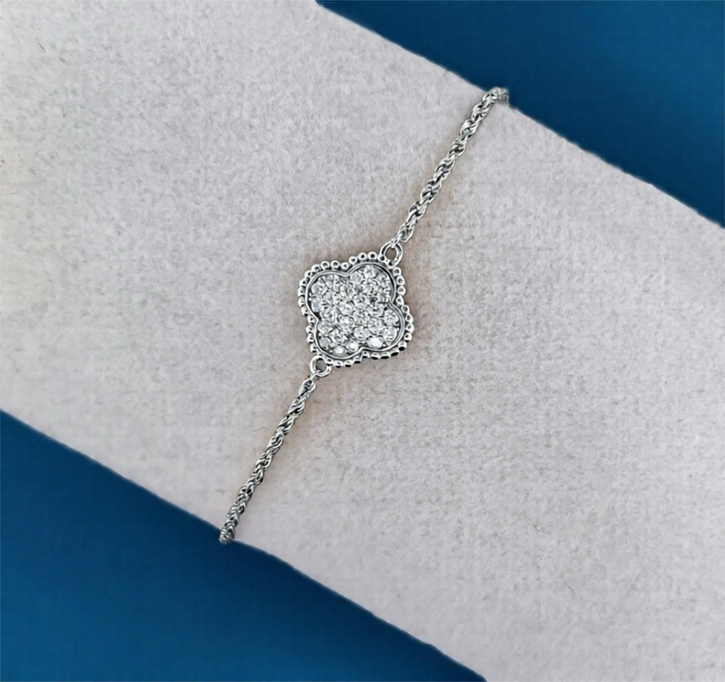 Moissanite Four Leaf Clover Bracelet, 18K Gold-Plated or Rhodium Plated Sterling Silver Lucky Charm, Adjustable Pavé Bracelet, Gift for Her