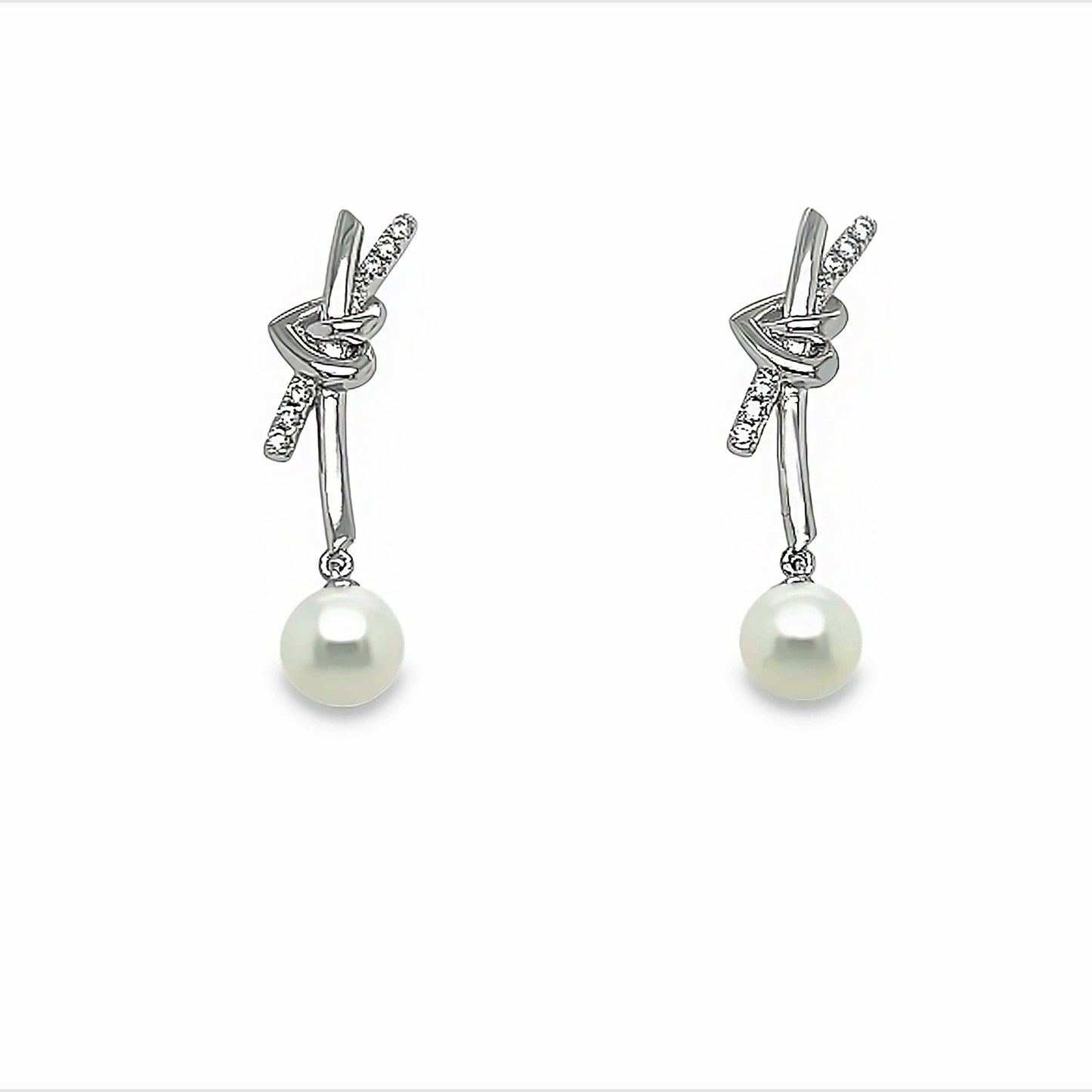 Sterling Silver Pearl Drop Earrings: CZ Heart Dangle, Bridal Jewelry