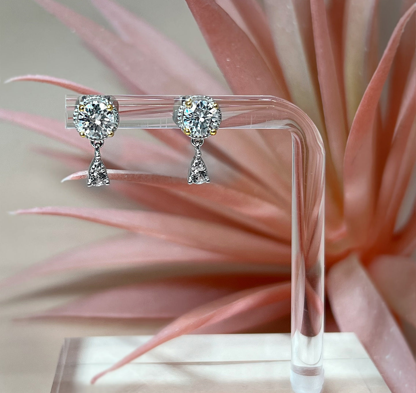 Moissanite Halo Dangle Earrings: Two-Tone Sterling Silver Studs