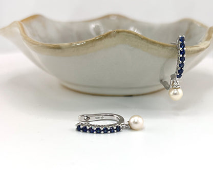 Blue Sapphire Pearl Huggie Earrings, Rhodium Sterling Silver Hoops