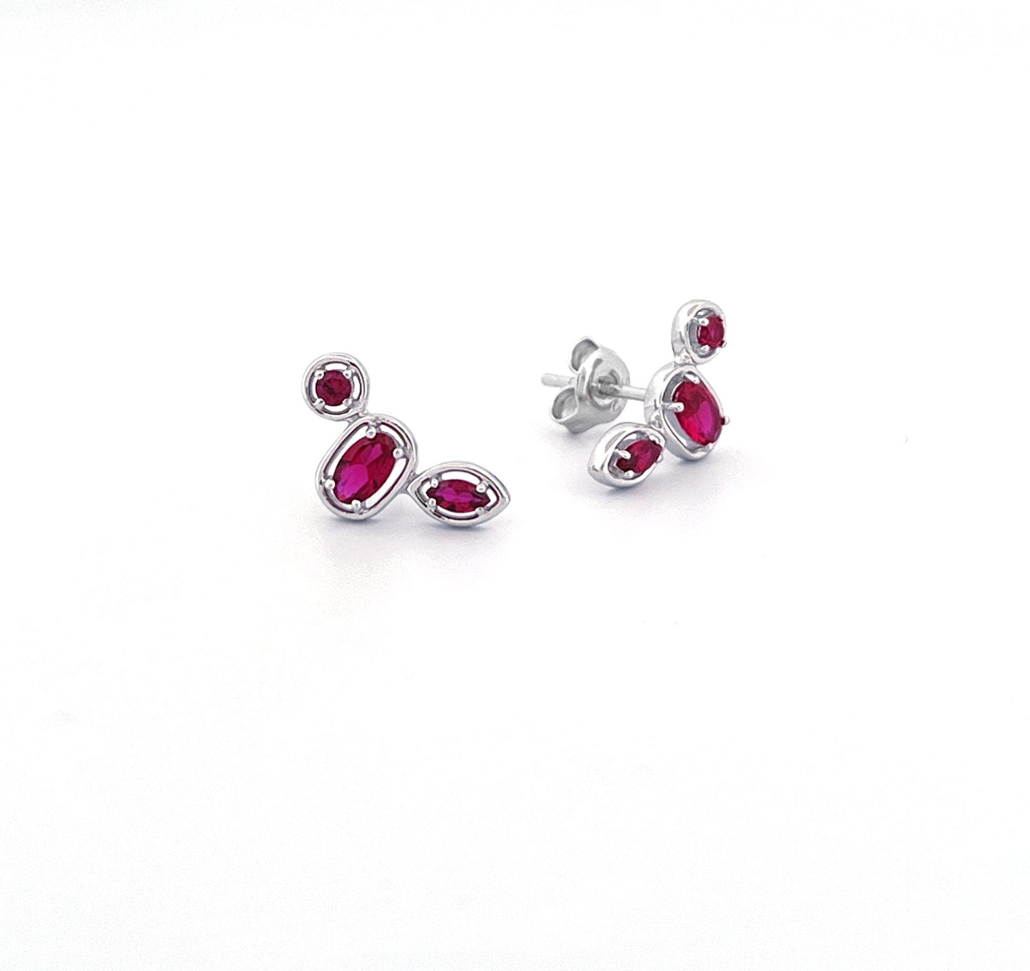 Ruby Ear Climber Stud Earrings: Rhodium Plated Sterling Silver