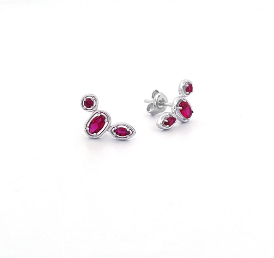 Ruby Ear Climber Stud Earrings: Rhodium Plated Sterling Silver