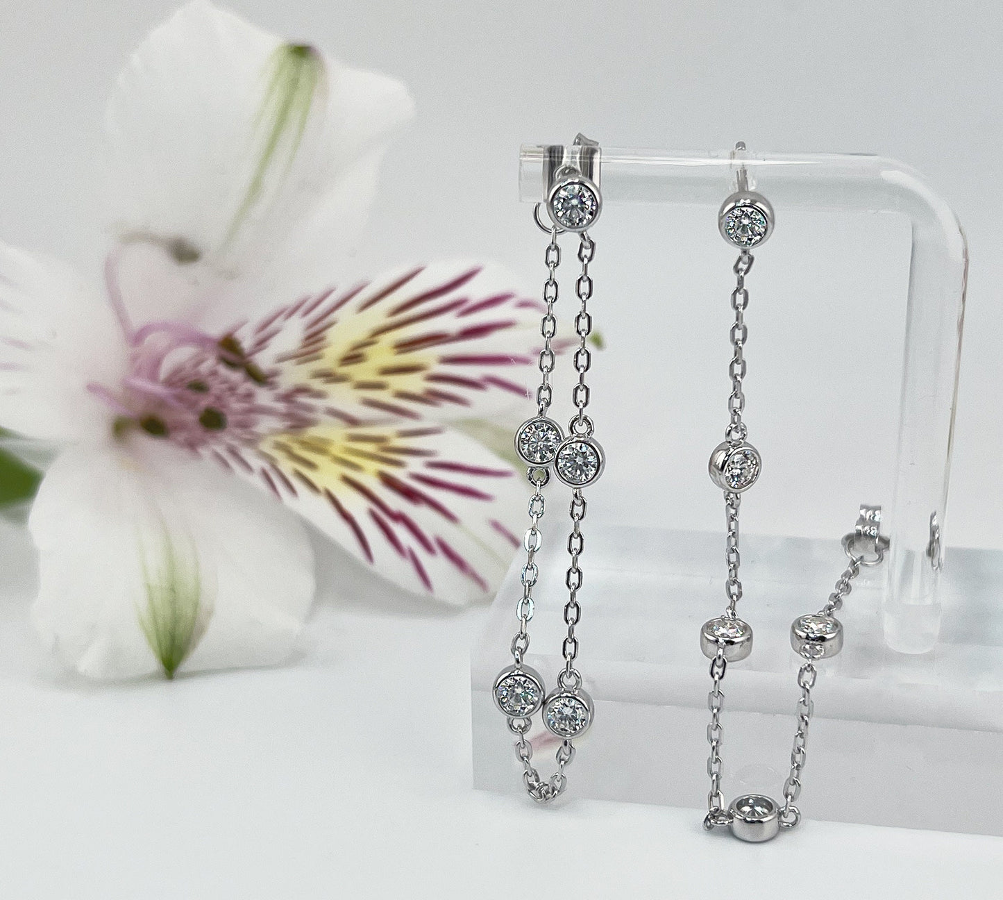 Moissanite Threader Earrings: Rhodium Plated Sterling Silver Chain Drop Earrings