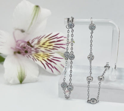 Moissanite Threader Earrings: Rhodium Plated Sterling Silver Chain Drop Earrings