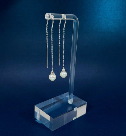 Sterling Silver Pearl Threader Earrings: White Sapphire Dangle Jewelry