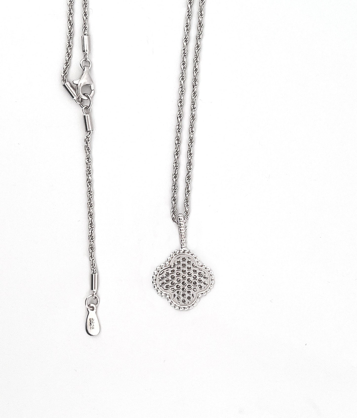 Moissanite Four-Leaf Clover Necklace: Rhodium Plated Sterling Silver Pendant