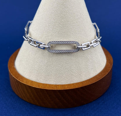 Moissanite Paperclip Bracelet: Rhodium Plated Sterling Silver Chain, Minimalist Rectangle Link