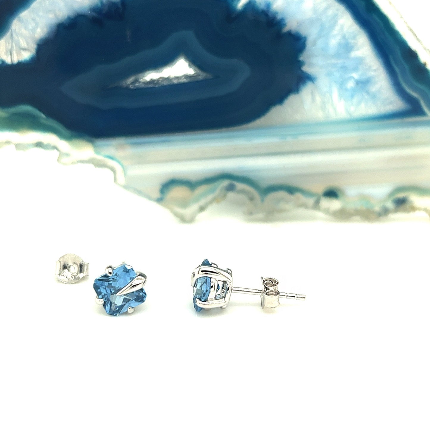 Blue Spinel Stud Earrings: Rhodium Sterling Silver, 6mm Cushion Cut
