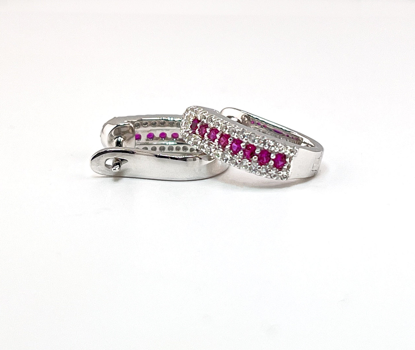 Ruby Huggie Earrings: Rhodium-Plated Sterling Silver, Small Hoop Earrings