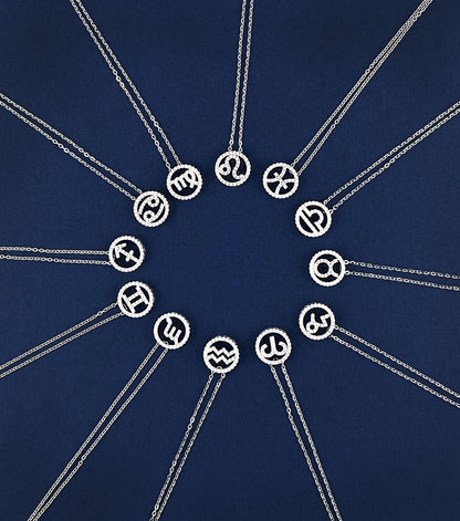 Moissanite Zodiac Constellation Necklace: Rhodium Plated Sterling Silver