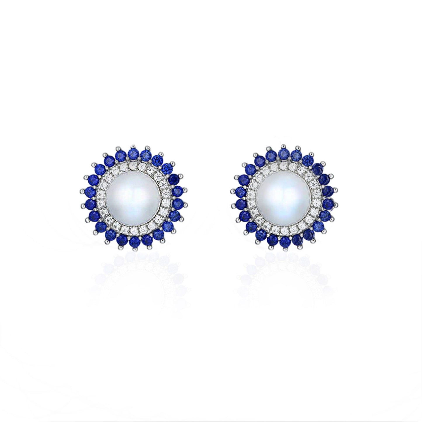 Freshwater Pearl Sapphire Halo Earrings: Rhodium-Plated Silver Studs