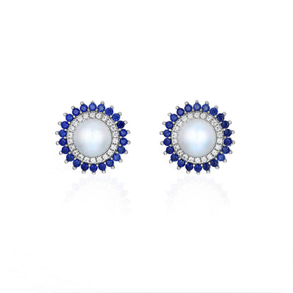 Freshwater Pearl Sapphire Halo Earrings: Rhodium-Plated Silver Studs