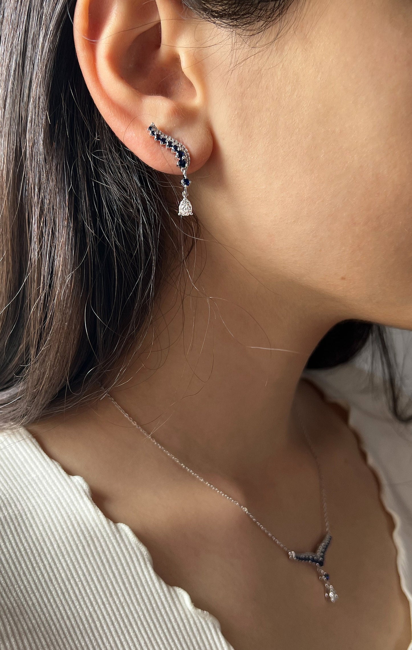 Blue Sapphire Earrings in Rhodium Plated Sterling Silver, Leaf Climber Earrings, Sapphire Bridal Earrings,ar Climber Floral Earring for Her