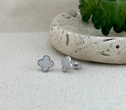 Moissanite Clover Stud Earrings: Rhodium Plated Sterling Silver Floral Earstuds