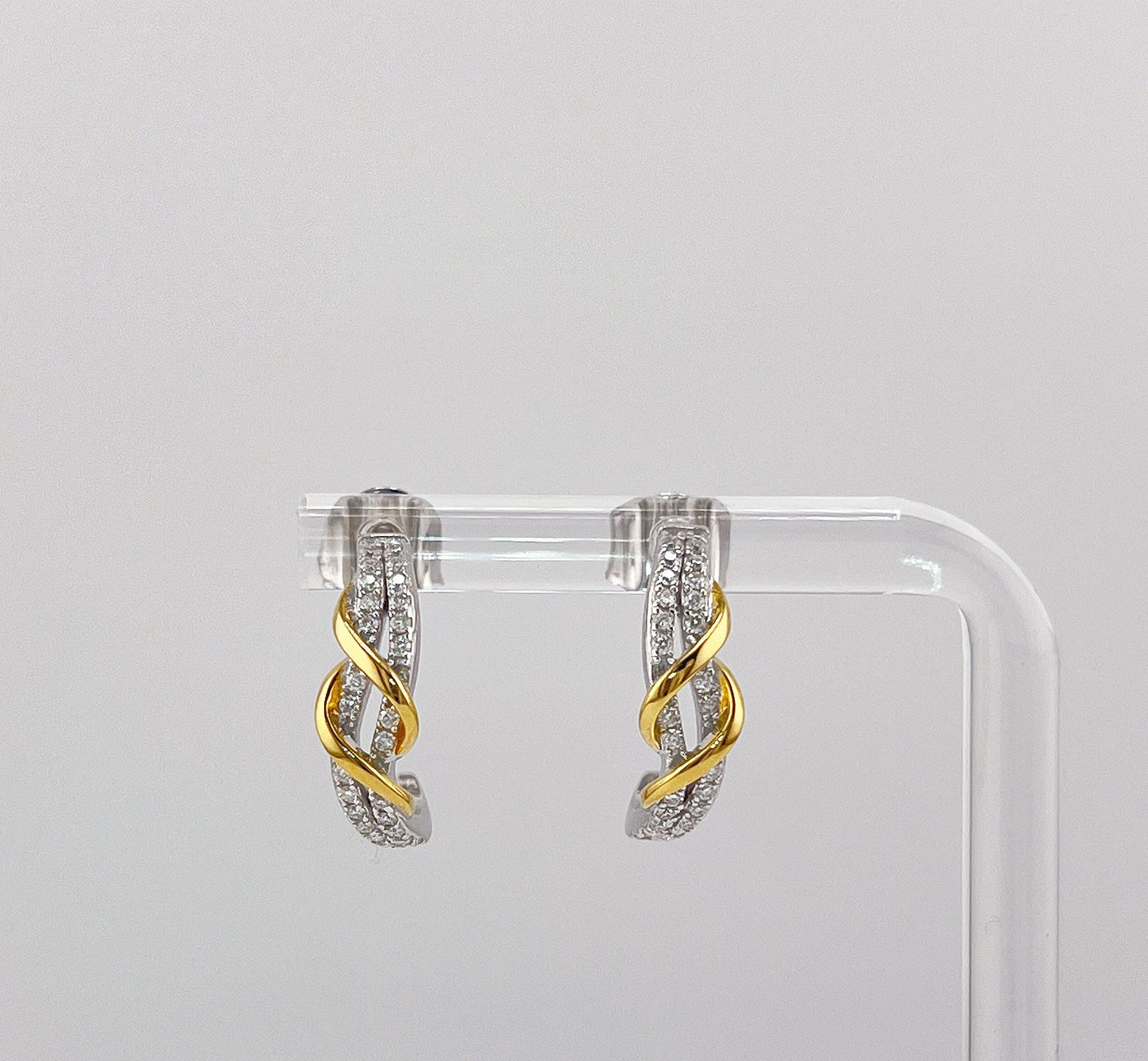 Two-Tone Twisted Moissanite J-Hoop Earrings: 14K Gold & Sterling Silver