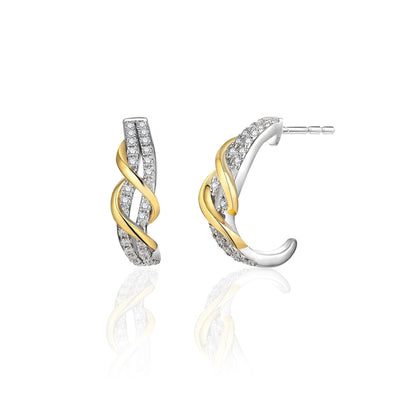 Two-Tone Twisted Moissanite J-Hoop Earrings: 14K Gold & Sterling Silver