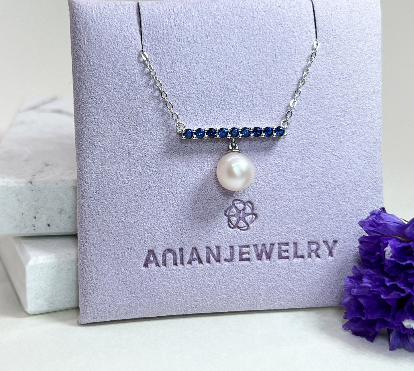 Sterling Silver Bar Necklace: Ruby or Sapphire, Freshwater Pearl Dangle