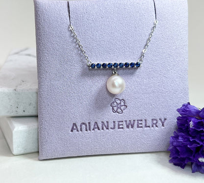 Sterling Silver Bar Necklace: Ruby or Sapphire, Freshwater Pearl Dangle