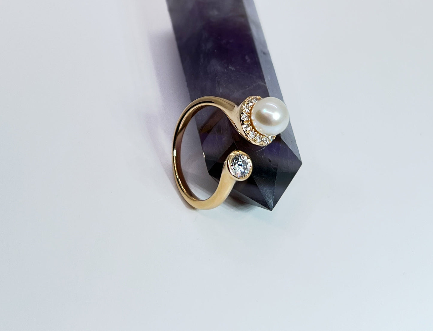 Moissanite & Pearl Ring: Yellow Gold Sterling Silver Bypass Ring