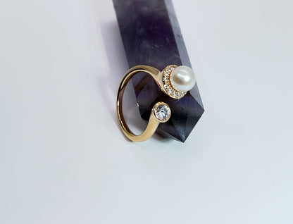 Moissanite & Pearl Ring: Yellow Gold Sterling Silver Bypass Ring