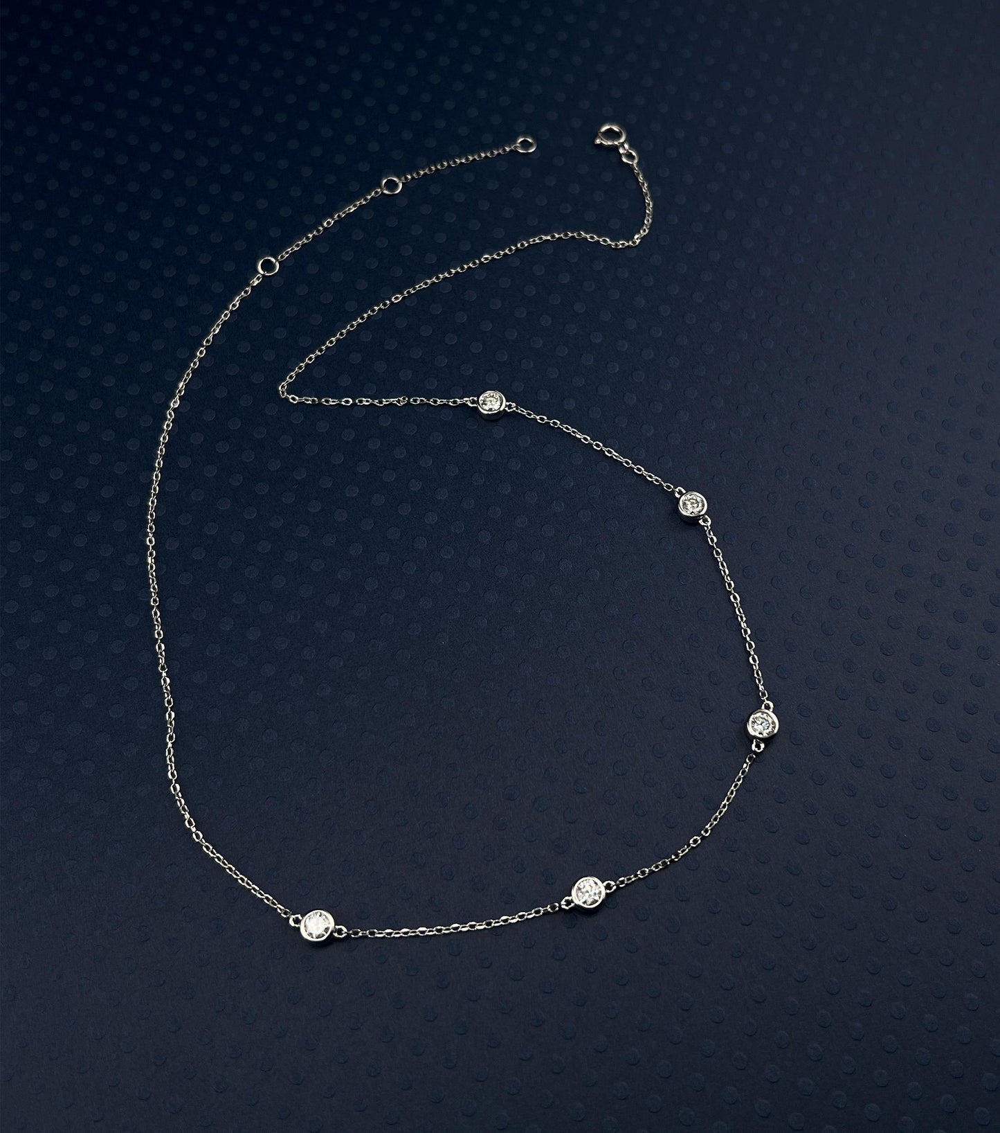 Moissanite Bezel Station Necklace: Rhodium Plated Sterling Silver, 1 CTTW