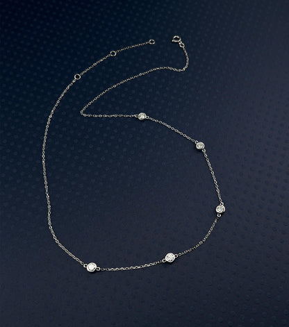 Moissanite Bezel Station Necklace: Rhodium Plated Sterling Silver, 1 CTTW