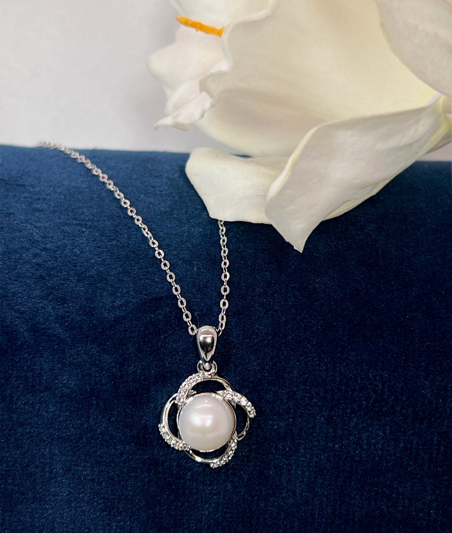 Moissanite Freshwater Pearl Necklace: Sterling Silver Floral Pendant