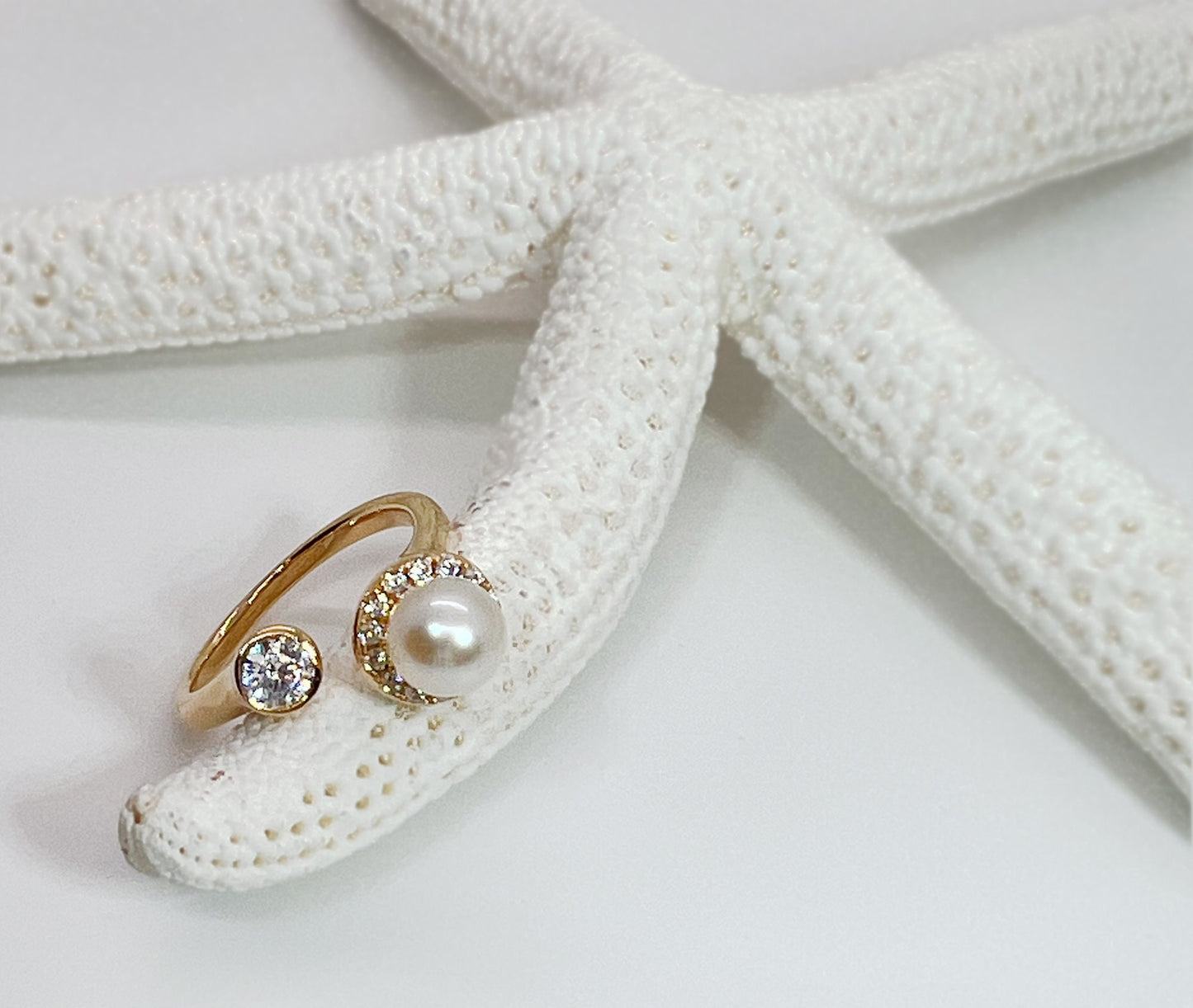 Moissanite & Pearl Ring: Yellow Gold Sterling Silver Bypass Ring