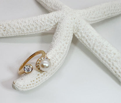Moissanite & Pearl Ring: Yellow Gold Sterling Silver Bypass Ring