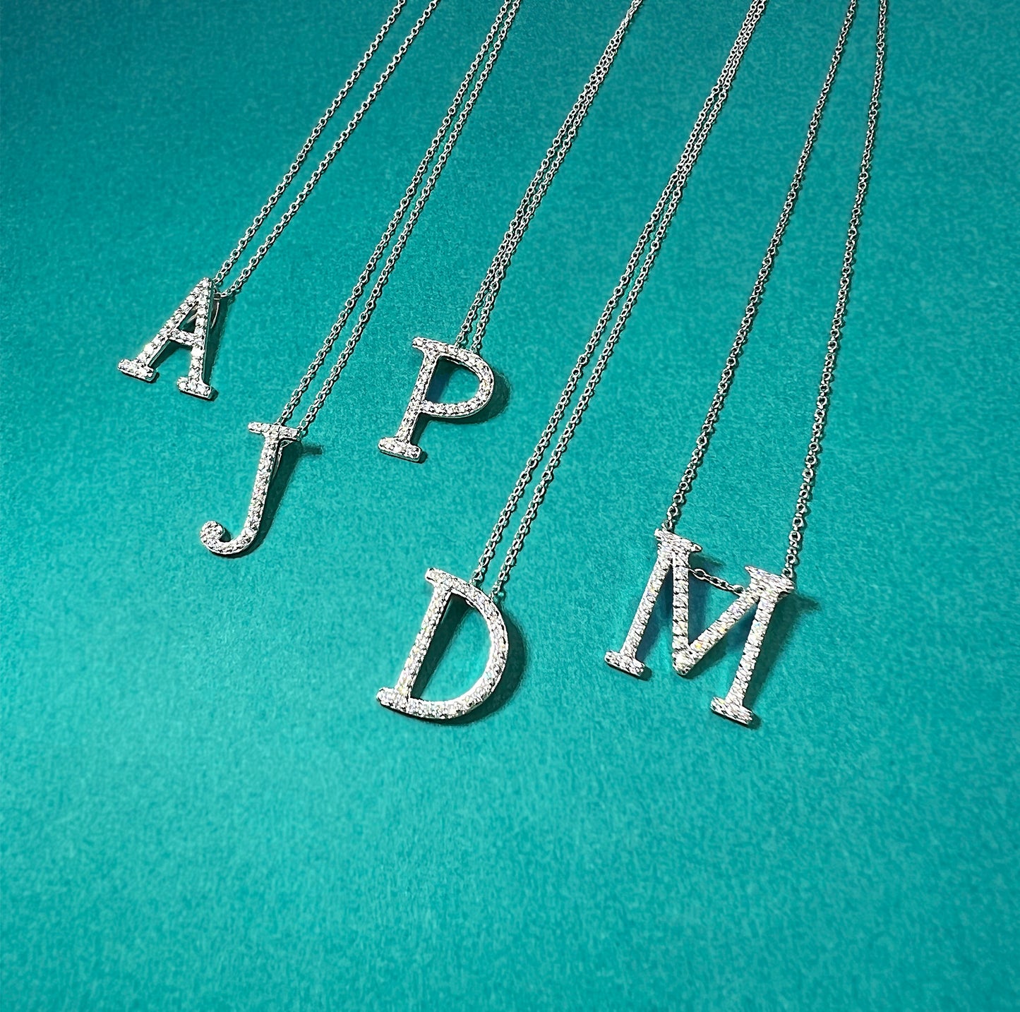 Moissanite Initial Necklace: Rhodium Plated Sterling Silver Letter Pendant