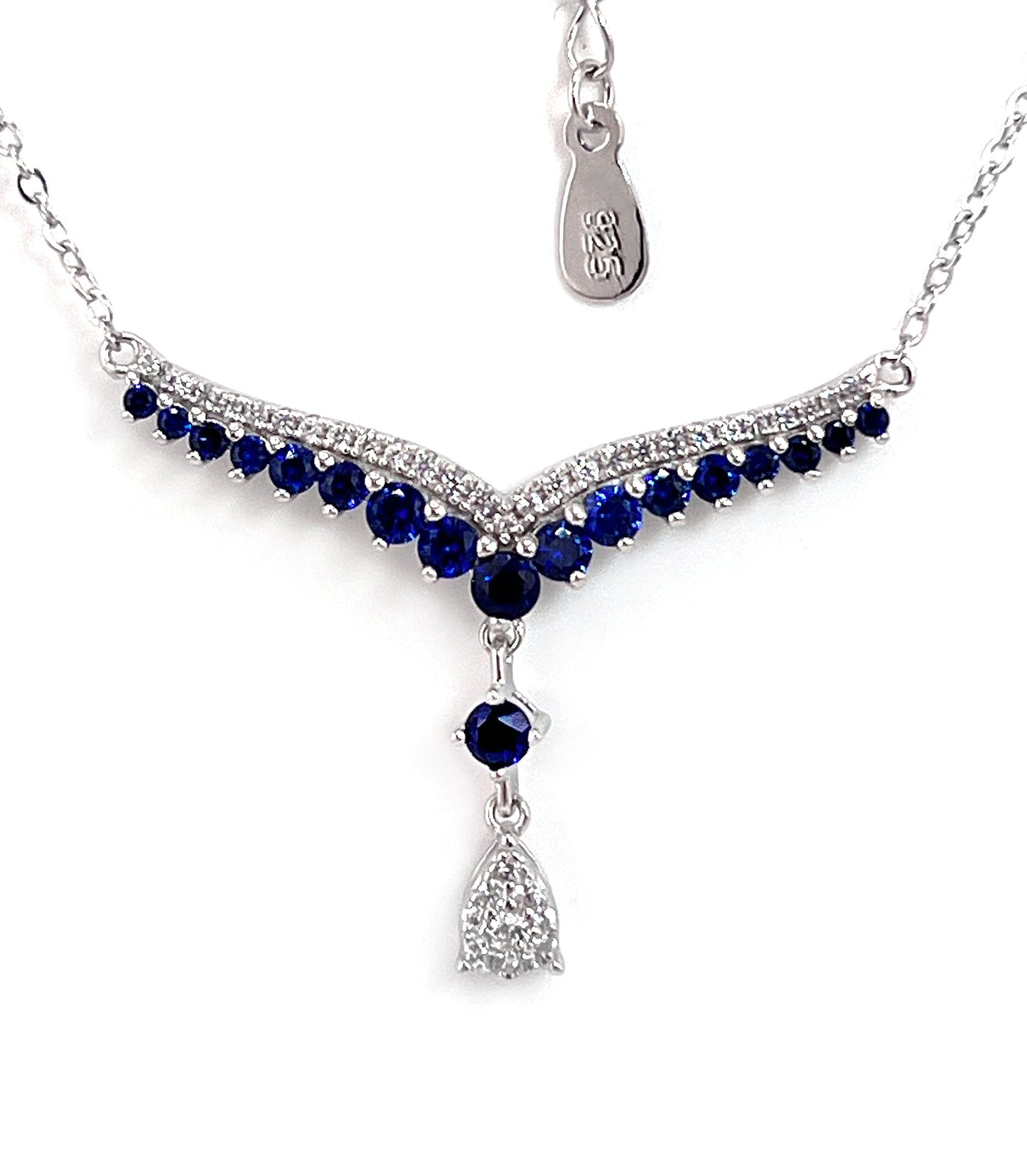 Teardrop Sapphire Necklace: Rhodium Plated Sterling Silver V Collar