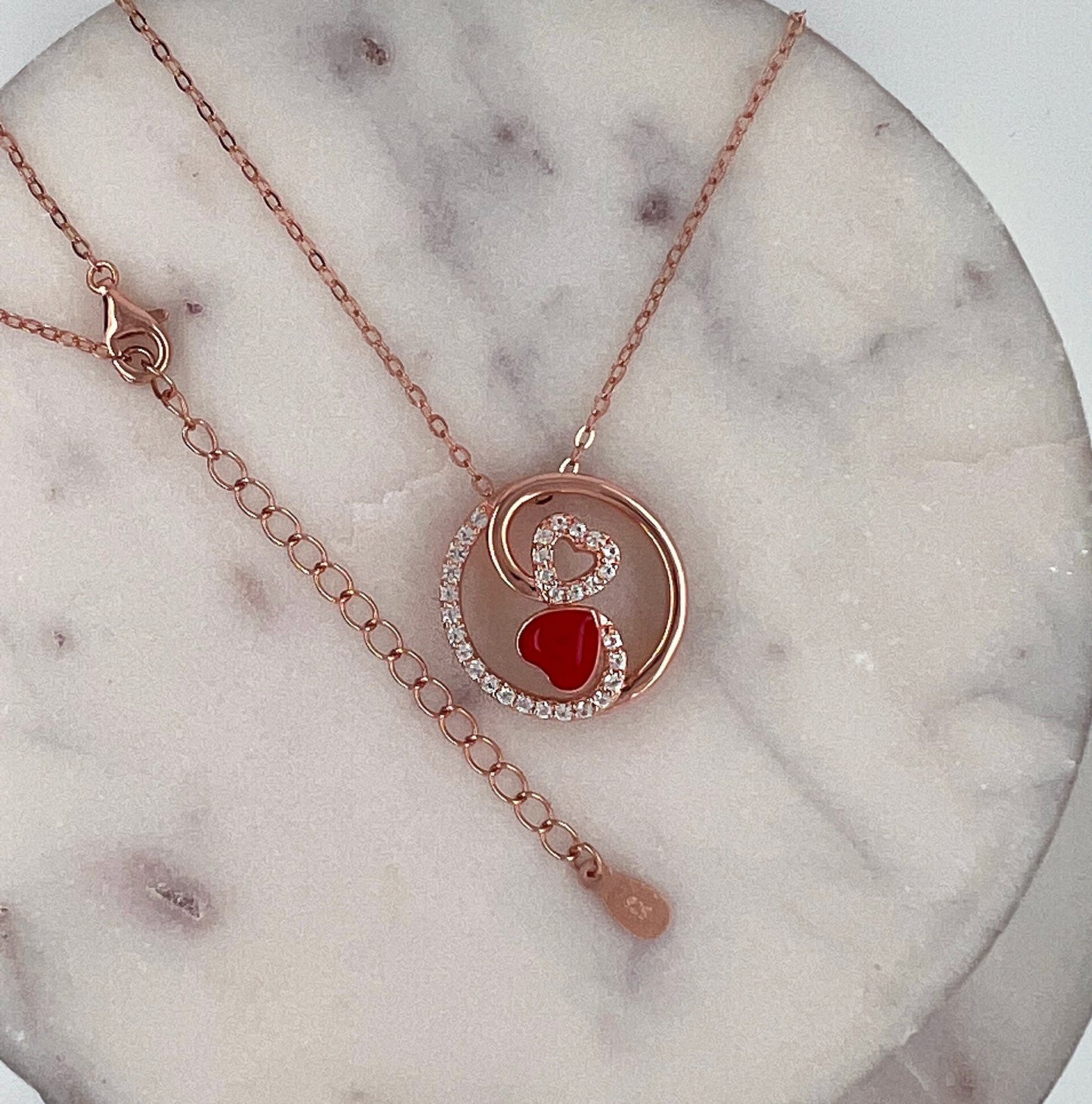 Rose Gold Sterling Silver Heart Necklace: Red Enamel CZ Pendant