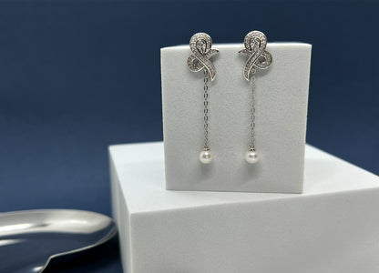 Moissanite Pearl Dangle Earrings: Sterling Silver Bridal Jewelry