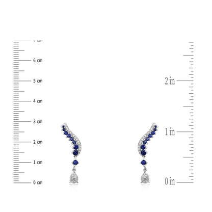 Blue Sapphire Earrings in Rhodium Plated Sterling Silver, Leaf Climber Earrings, Sapphire Bridal Earrings,ar Climber Floral Earring for Her