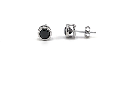 Black Diamond Stud Earrings: .925 Sterling Silver Bezel Solitaire